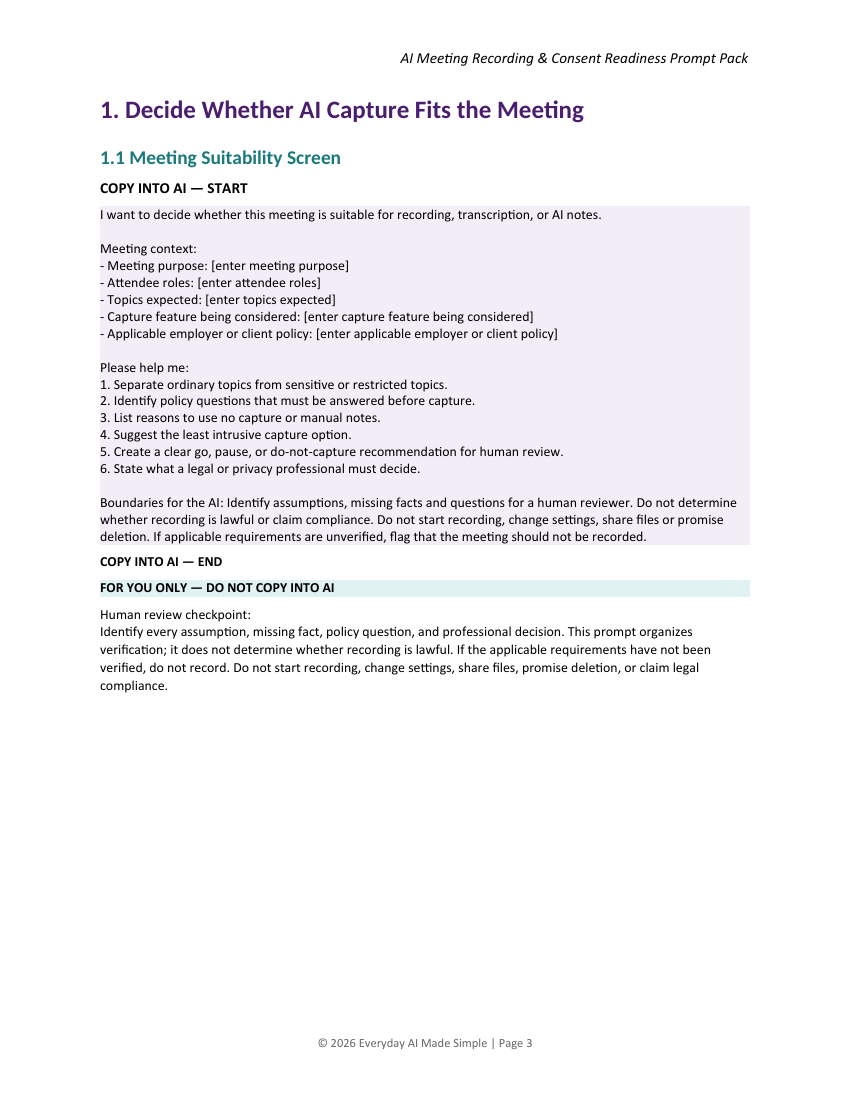 Actual page 3 of AI Meeting Recording & Consent Readiness Prompt Pack