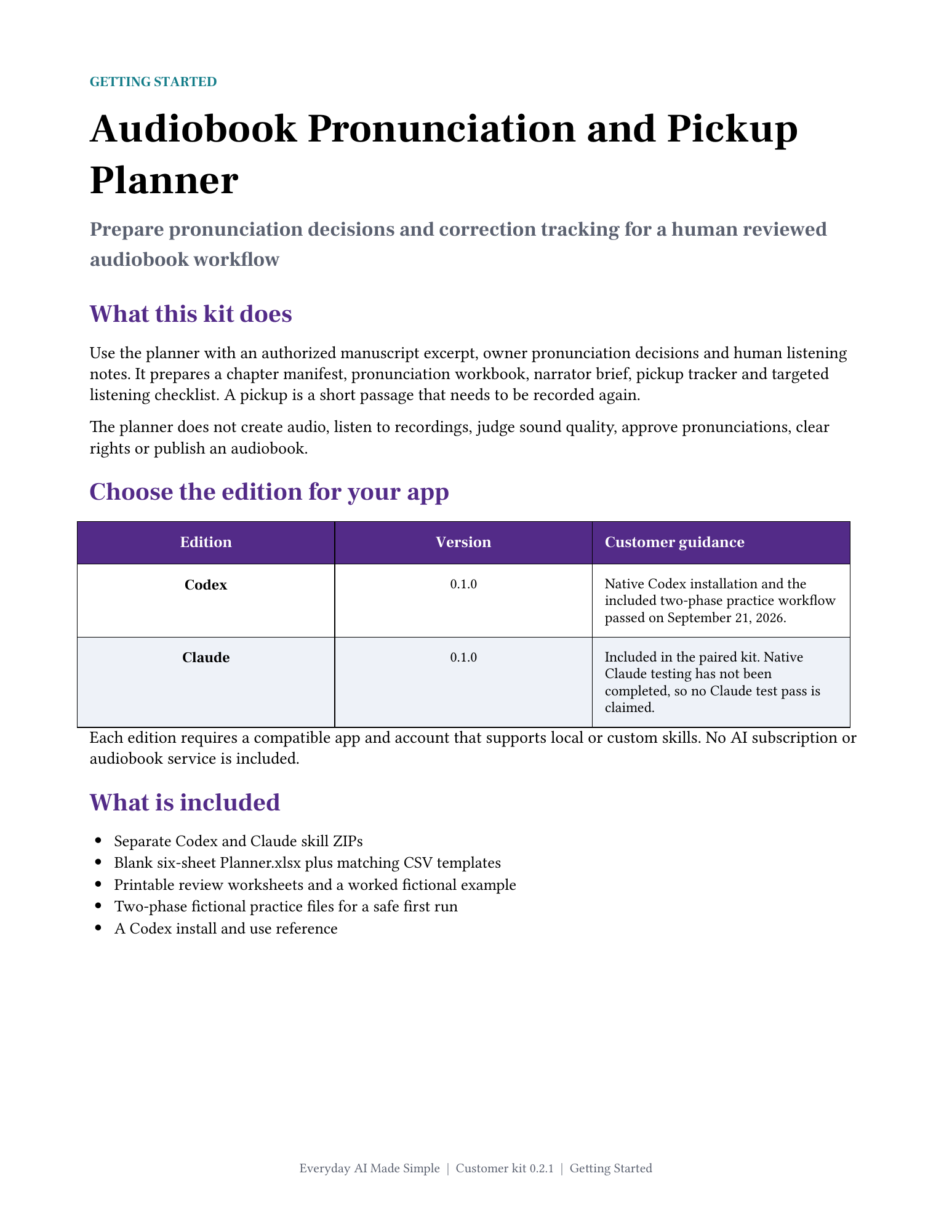 First page of the Audiobook Pronunciation and Pickup Planner Getting Started guide