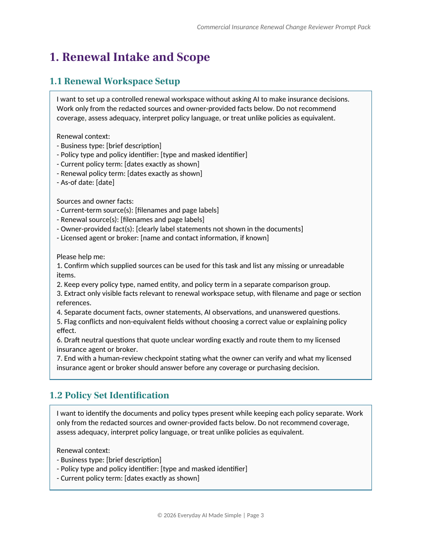 Actual page 3 of Commercial Insurance Renewal Change Reviewer Prompt Pack