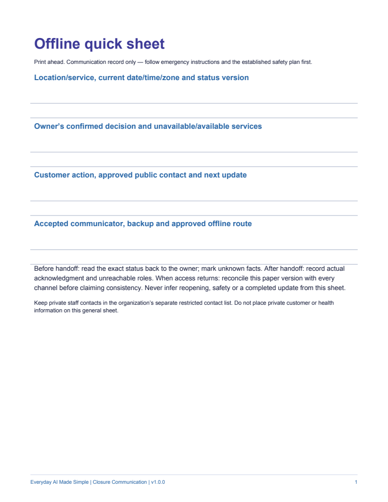 Offline quick sheet: actual customer PDF page