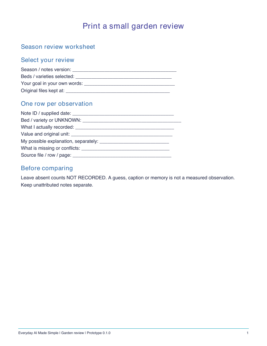 First page of the printable garden review worksheets
