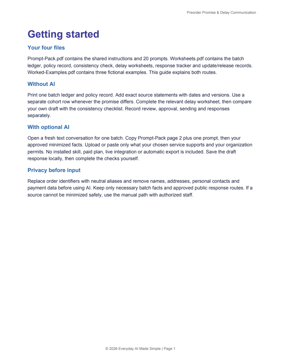 First page of the Preorder Promise and Delay Communication Pack Getting Started guide