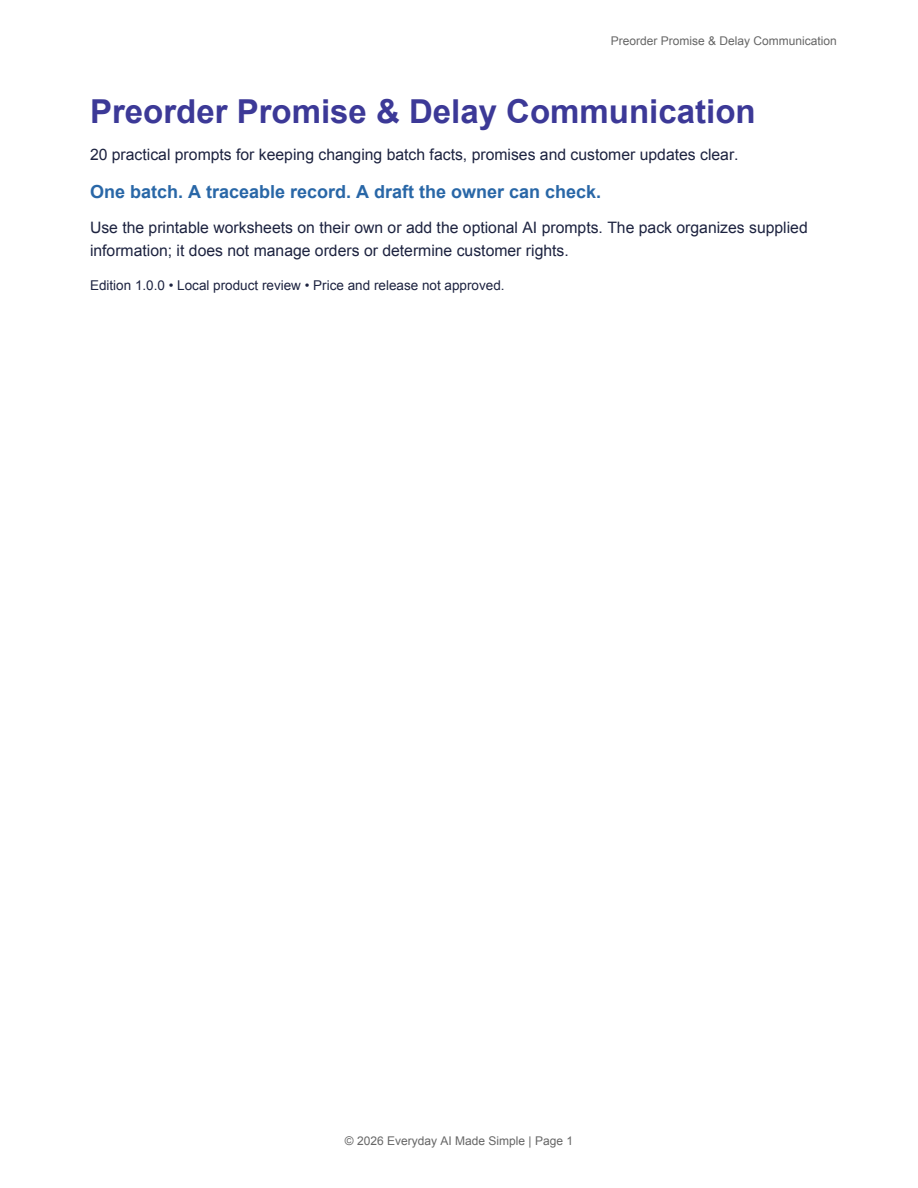 First page of the Preorder Promise and Delay Communication Prompt Pack