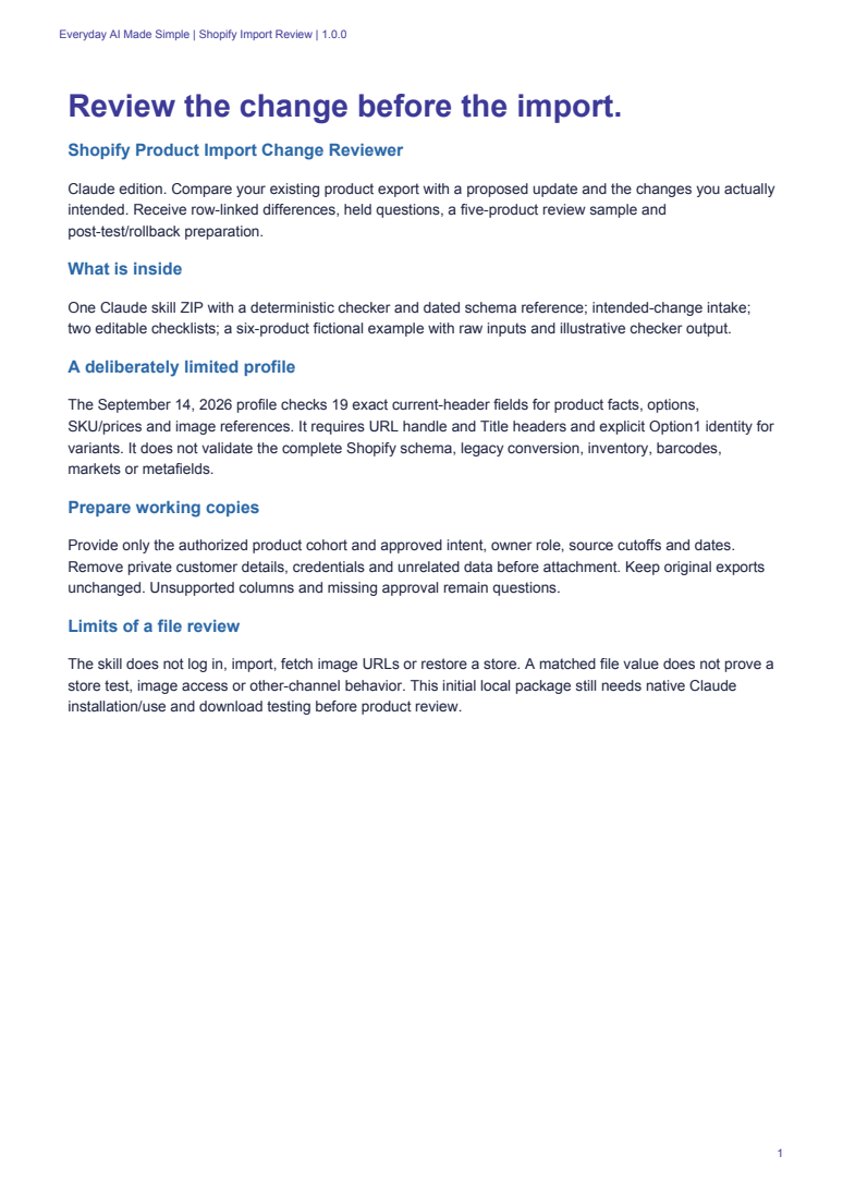 First page of the Shopify Product Import Change Reviewer Getting Started guide
