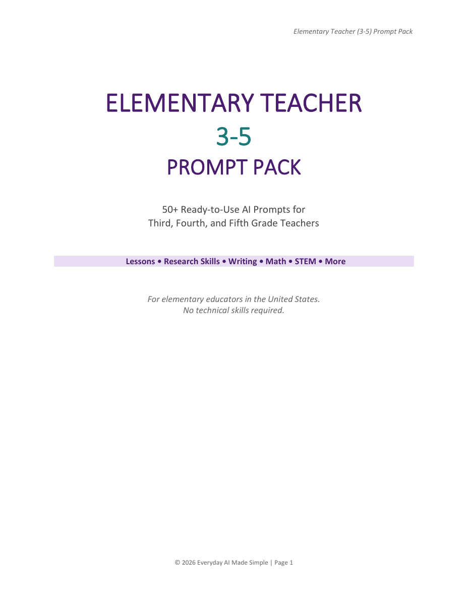 Cover of Elementary Teacher (3-5) Prompt Pack PDF