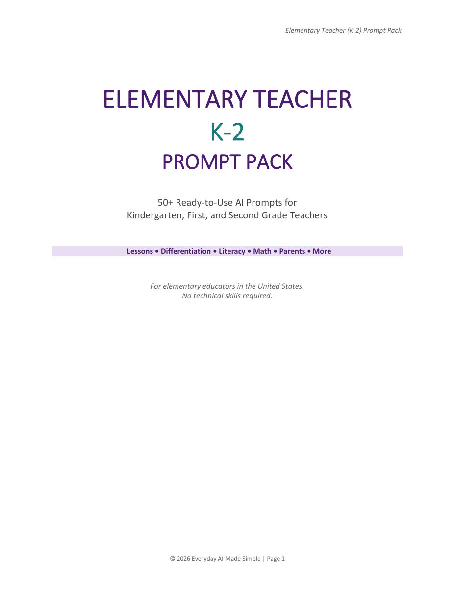 Cover of Elementary Teacher (K-2) Prompt Pack PDF