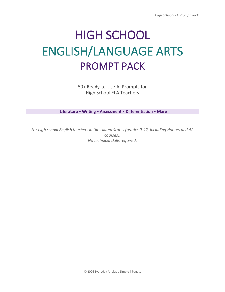 Cover of High School ELA Prompt Pack PDF