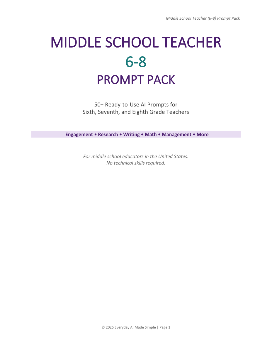 Cover of Middle School Teacher (6-8) Prompt Pack PDF