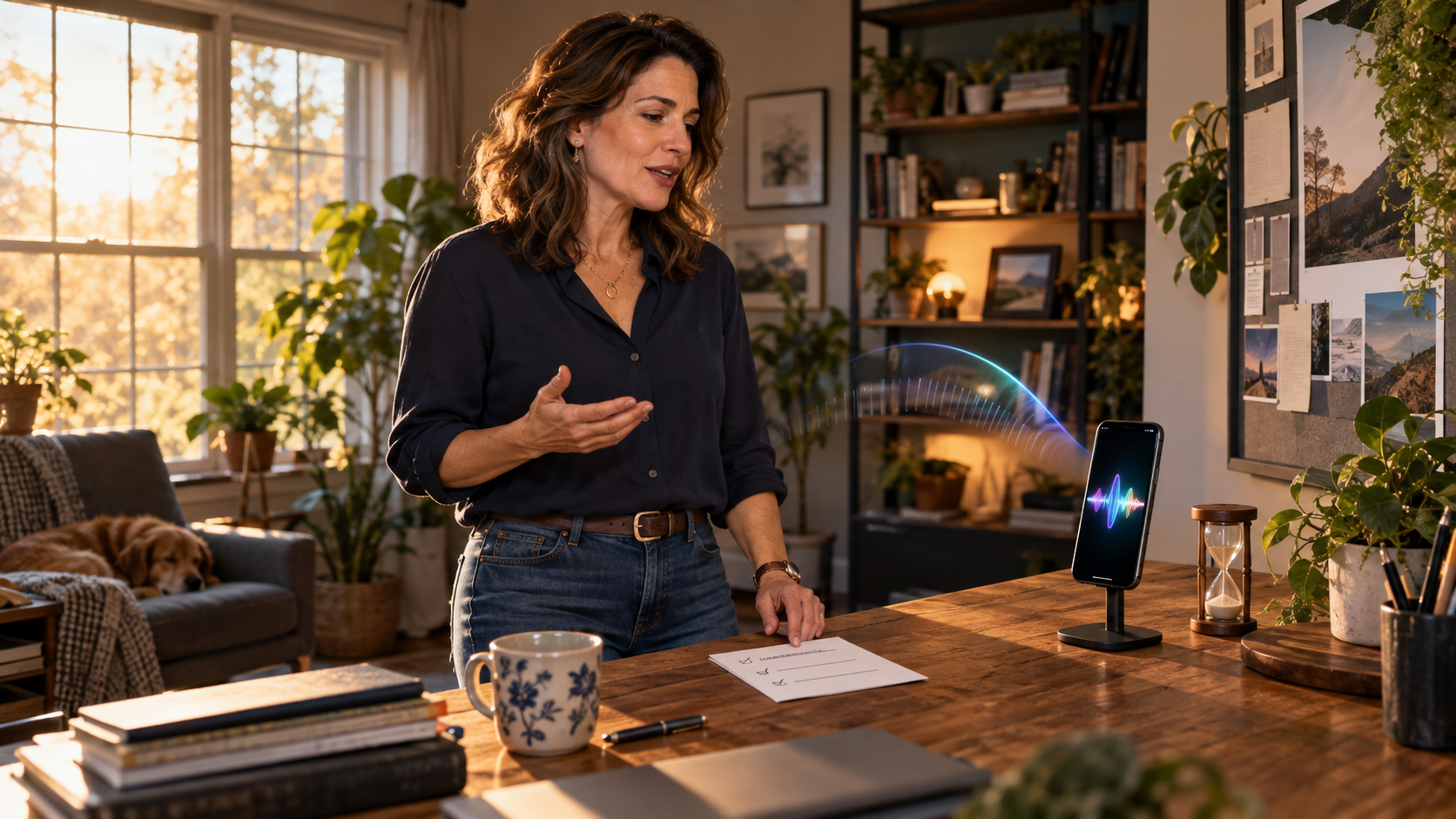 A small-business owner practices an introduction in a home office.