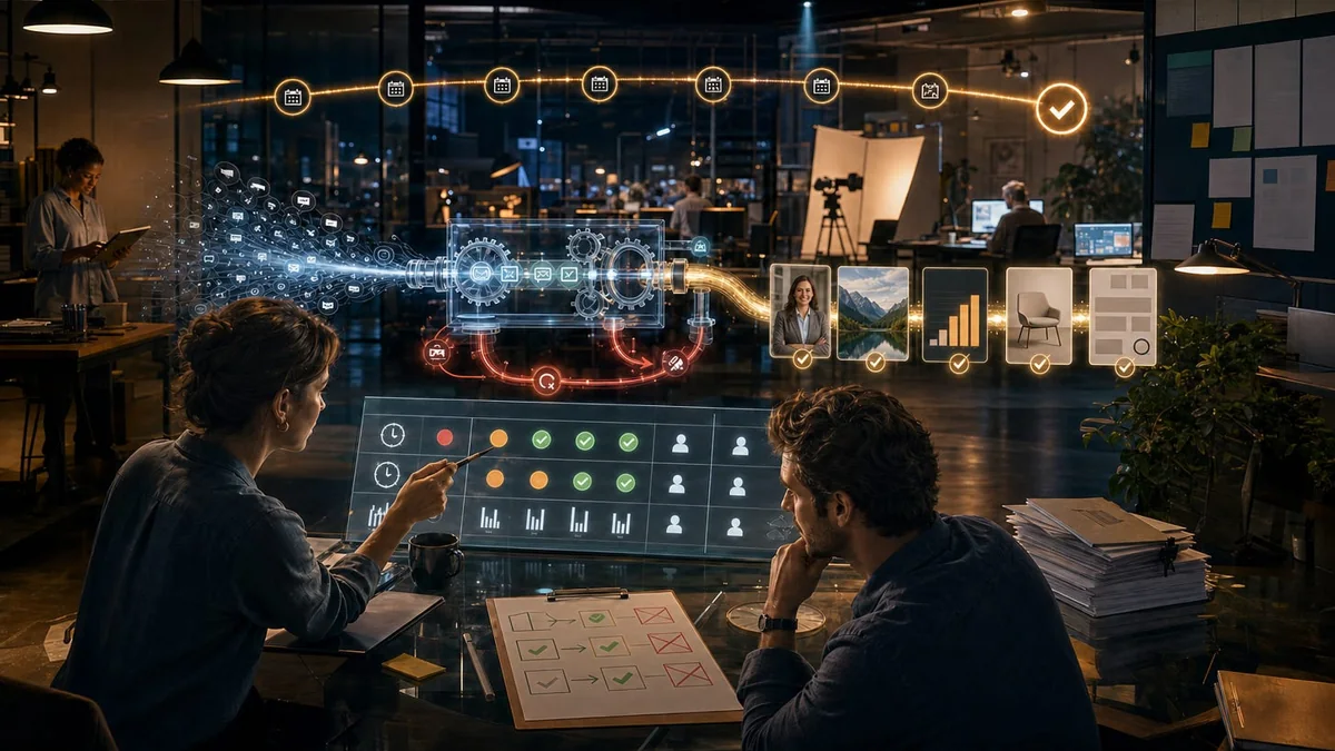 People reviewing a workflow timeline and performance measures on a digital display.