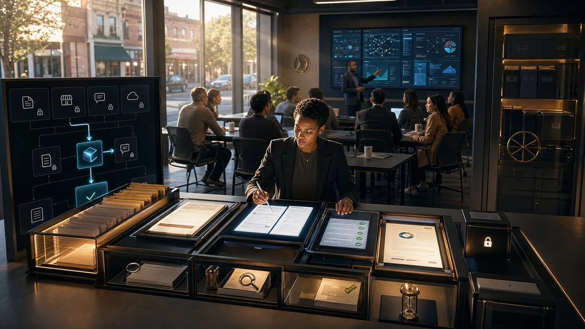 Small-business owner organizing workflow documents before a training session.